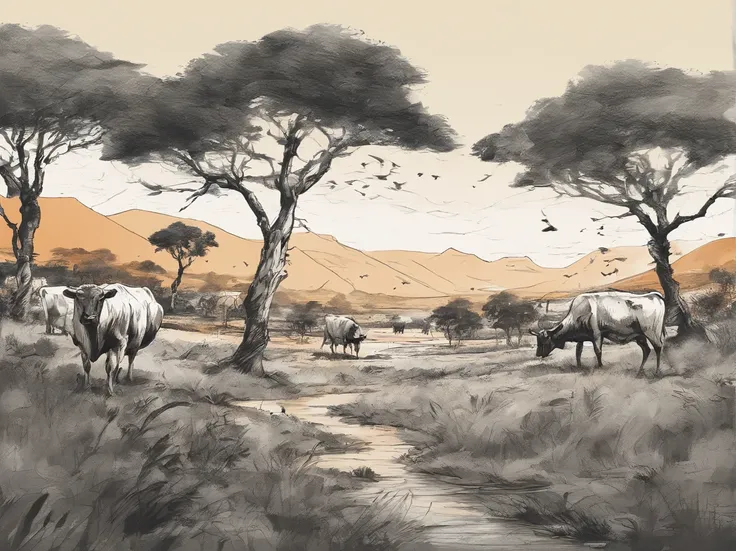 Serengeti landscape painting, ink and watercolor painting, water ink, ink, Stain, Distant view, Ultra wide angle of view, Meticulous, Five cows scheme, Five scalps, Riverside, grassy fields, Tree, Landscape is a mountain，（8k wall paper），，light and shadow e...