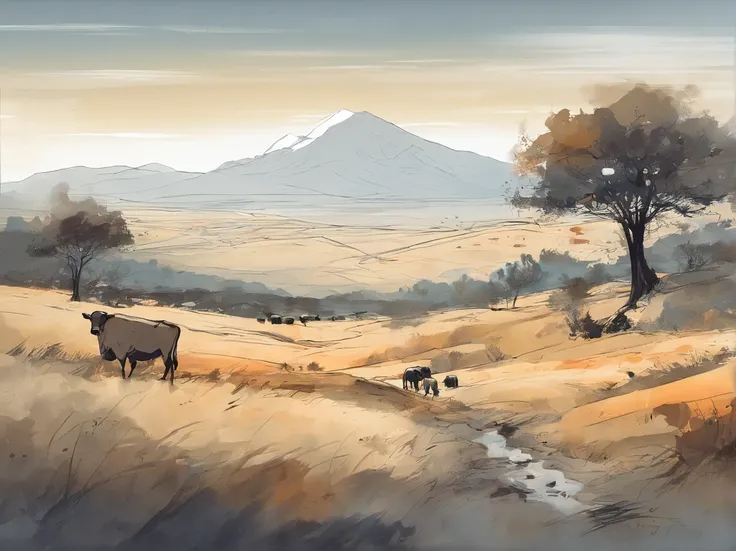 Serengeti landscape painting, ink and watercolor painting, water ink, ink, Stain, Distant view, Ultra wide angle of view, Meticulous, Five cows scheme, Five scalps, Riverside, grassy fields, Tree, Landscape is a mountain，（8k wall paper），，light and shadow e...