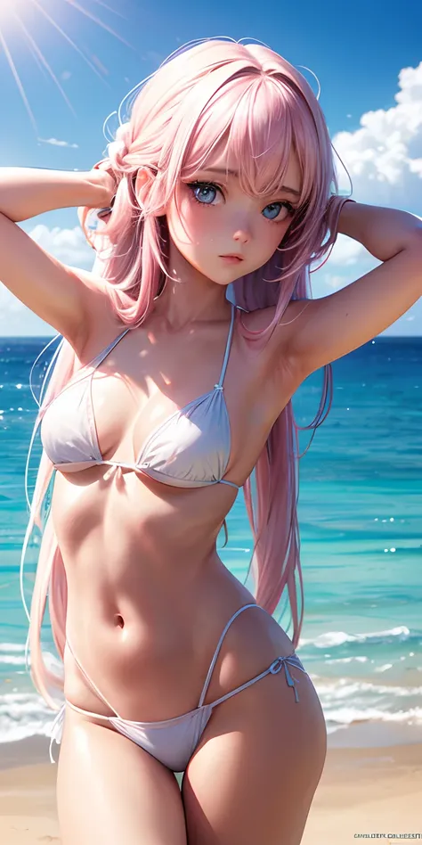 1girl, (white bikini),pink long hair,beach, detailed face, detailed eyes, small breasts, shiny skin, looking at the audience, (8k, RAW photo, best quality, masterpiece: 1.2), (realistic, realistic: 1.37), ultra-high resolution