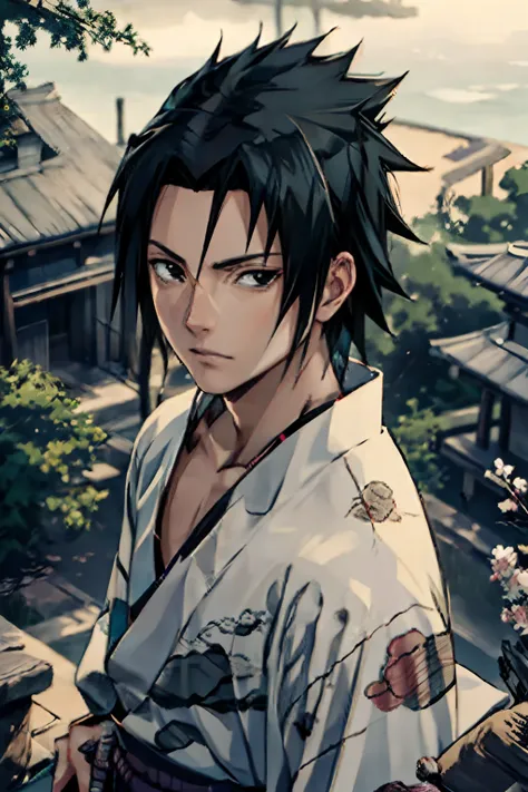 Sasuke uchiha, (Sasuke), beautiful face, masterpiece, best quality, (1 man), 25 years, mature, short hair, elegant nose, pale skin, broad shoulders, korean hair, black hair, korean face, (one of the eyes covered by bangs) black eyes, wearing kimono, ninja ...