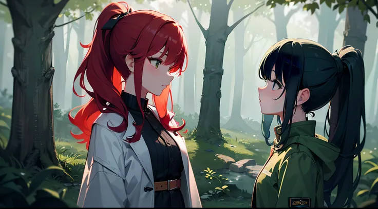 masterpiece, lots of detail, 4k, 8k, ((ultra-detailed)), highres, 2girls, outerwear, misty forest, rain, autumn, looking away, {red hair|green hair|black hair|blue hair}, {ponytail|short hair|long hair|curly hair}