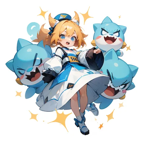 （White background:1.3),Full body,Official characters,masuter piece,Woman with 4 mascot characters: A mascot character that represents joy, Mascot character representing sadness, Mascot character expressing anger, And a mascot character that represents fun....