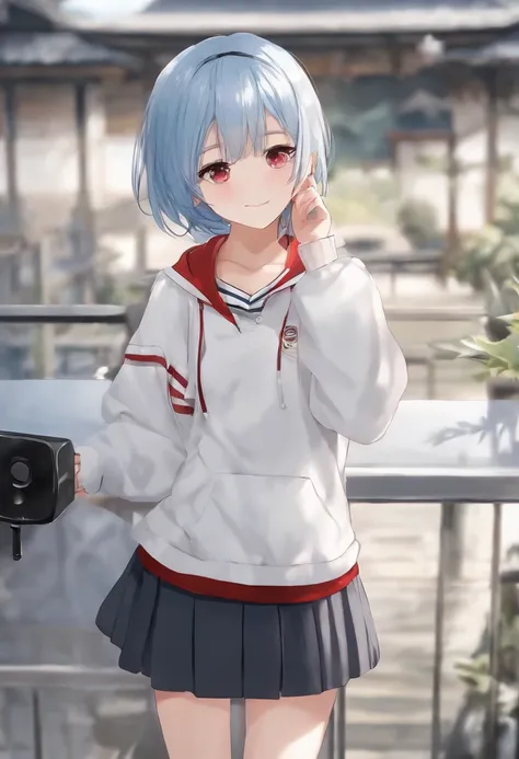 background at room、女の子 1 人、is standing、Japan School Uniforms、skirt by the、Blue hair color、short-hair、hair pin、red eyes、Mole under the mouth、Under large clothes、White hoodie、ssmile、top-quality、