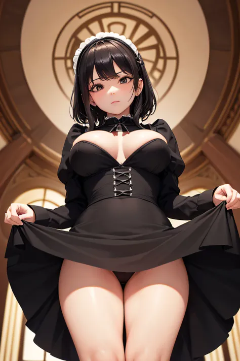 (The perspective is from below:1,5),1girll,30 years old mature woman，Black Maid Dress，Lift the skirt，full bodyesbian，huge tit，long leges，Unhappy