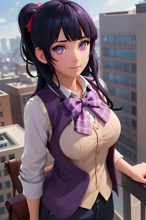 1girl, matured female, vest, bow, photo, realistic, best quality, hires, detailed face, office, buildings from window, detailed background, diffused sunlight, depth of field, bokeh,Blunt Bangs, purple eyes, long dark blue hair