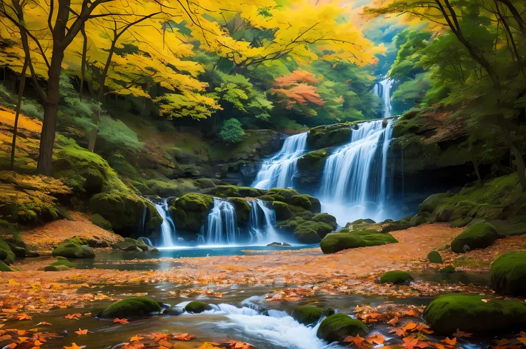 Magnificent waterfalls:1.4、Colorful autumn leaves、Autumn leaves as far as the eye can see、musgo、leaves falling、(Photorealsitic)