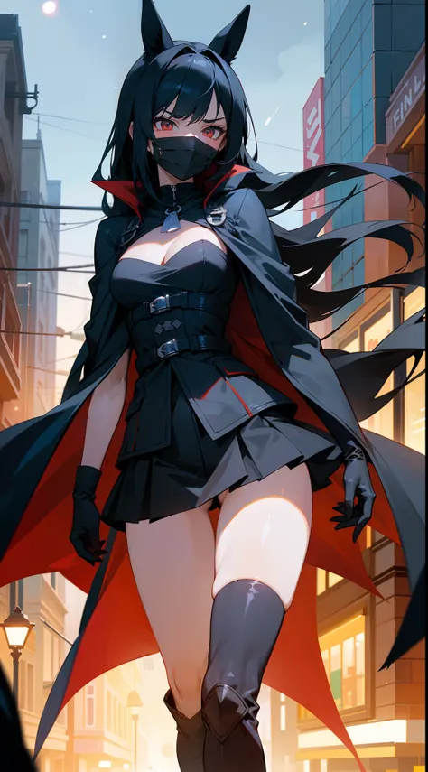 Original Character,8k, Masterpiece, Best Quality,Detailed, Beautiful Detailed Eyes, solo),1girl ,20s,tall,angry face,bare thighs, long black boots, cleavage, body-hugging clothing,black mini skirt,black cape,small breasts,black hair,long hair,red eyes,hors...