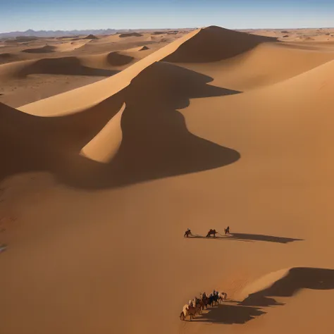 Photo, Piece of art, masutepiece, Super Detail, High quality, awardwinning, 8K, Photorealistic, A desert, Sand, In the Sahara Desert, Caravan with camels, in a sunny day, PM, Back lighting, Exotic