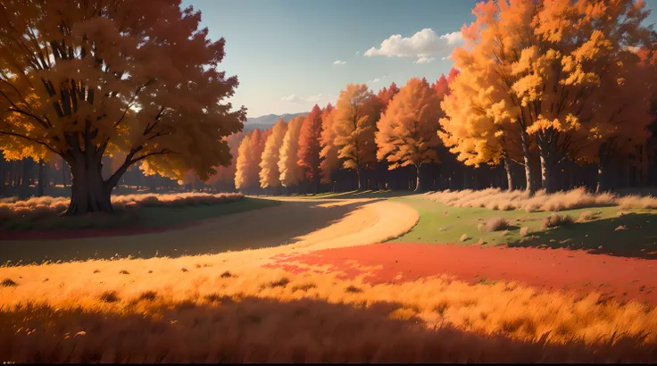 (best quality,4k,8k,highres,masterpiece:1.2),ultra-detailed,(realistic,photorealistic,photo-realistic:1.37),autumn foliage,beautiful landscape,brilliant sky in the background,wind blowing leaves,autumn grass,falling leaves on trees,autumn trees,atmospheric...