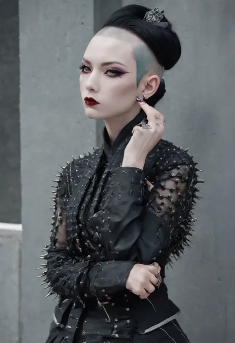 traditional japanese emo geisha skinhead, hairgoth, emo goth spikey fashion shoot editorial style, Hypebeast ultra fast fashion gang signs with goth emo accessories