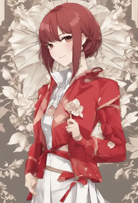 High quality, Best quality, Masterpiece, absurderes, Red_Jacket, ribbon, Red_Eyes, blond_Hair, short_Hair, Hair_ribbon, Smile, 1girll, Torn clothes, Pieces of cloth,