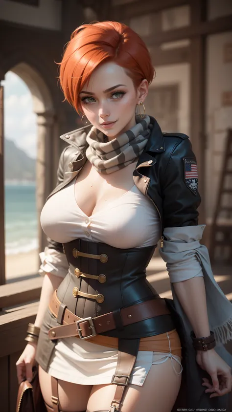 gwen tennyson,tracer,ada wong,rebecca chambers,atelier ryza,pirate outfit,beach, teenager,green eyes,long scarf,thigh high boots,garter belt,shy smile,striped panties,short hair,orange hair,pirate ship,white striped top,tight gothic mini skirt,wet body,fre...