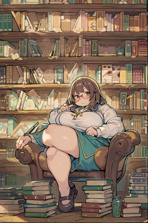 Huge library、1 librarian、One Woman、small round glasses、bbw