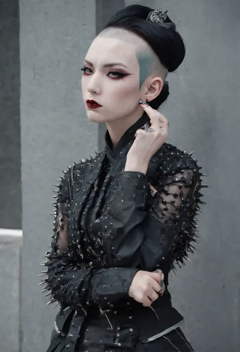 traditional japanese emo geisha skinhead, hairgoth, emo goth spikey fashion shoot editorial style, Hypebeast ultra fast fashion gang signs with goth emo accessories