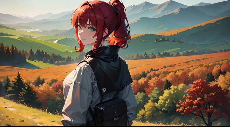 masterpiece, lots of detail, 4k, 8k, ((ultra-detailed)), highres, 2girls, outerwear, hill, distant terrain, autumn, wind, looking back, {red hair|green hair|black hair|blue hair}, {ponytail|short hair|long hair|curly hair}