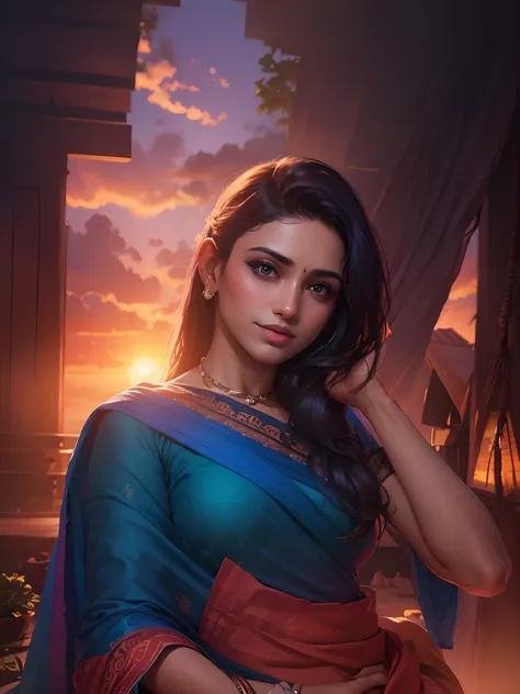 Sunset background blue sari