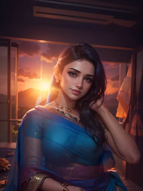 Sunset background blue sari