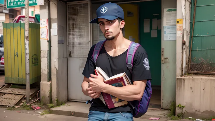 Descreva uma cena onde um homem jovem de aproximadamente 20 anos caminha pelas rua de uma cidade como a favela do Rio de Janeiro, marcada pela extrema pobreza,  carregando nas costas uma mochila abarrotada de livros. --auto --s2