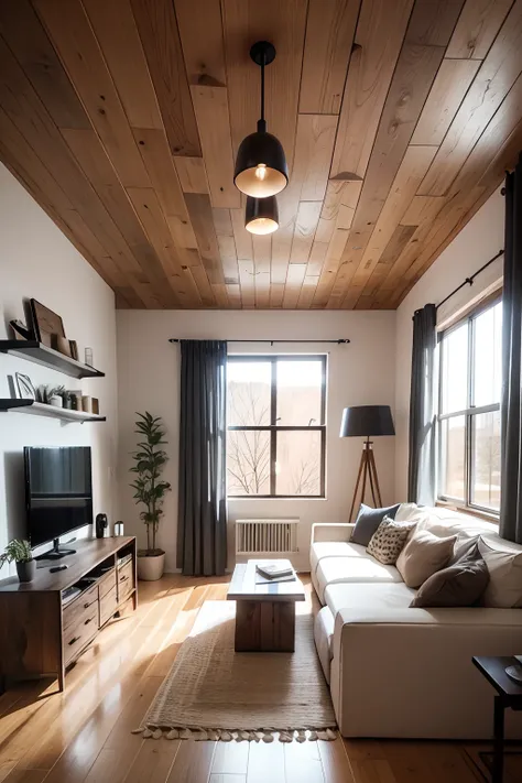 A really small slick, modern and rustic themed living room with windows