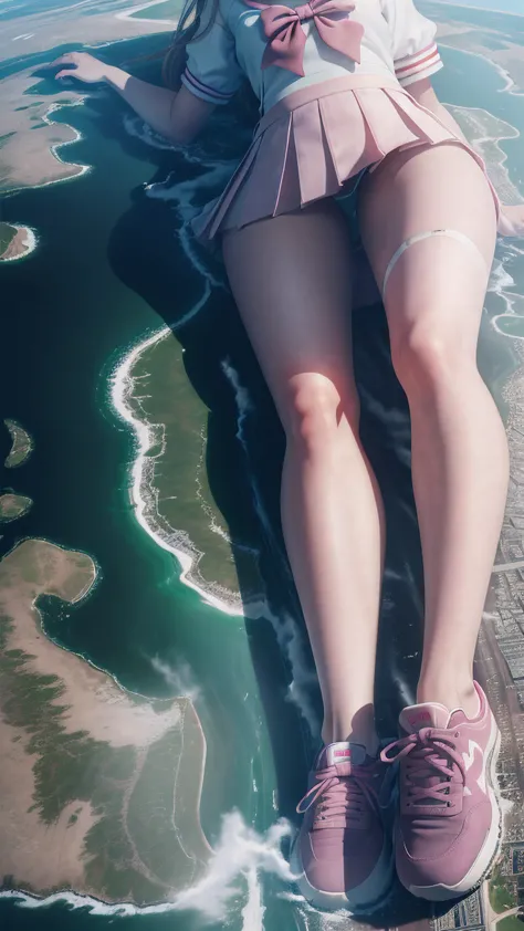 drop shadow, tachi-e, pov, atmospheric perspective, cinematic lighting, Surrealism, Realism, satellite image, 8k, super detail, ccurate, best quality，Slightly skinny giant female high school girl wearing pale pink sneakers，short  skirt，a sailor suit，