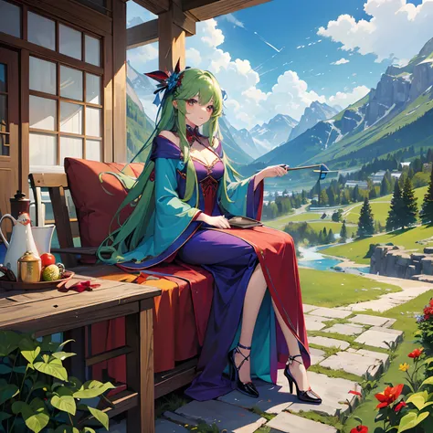 best qualityer，tmasterpiece，Ultimate resolution，downy，Extremely colorful，Colorful，Alpine background，Sky flight，（Red magic robe long dress），Long flowing green hair，The Witch，a matural female，（red high heel pumps），Sit on a magical broom，Normal posture，Normal...