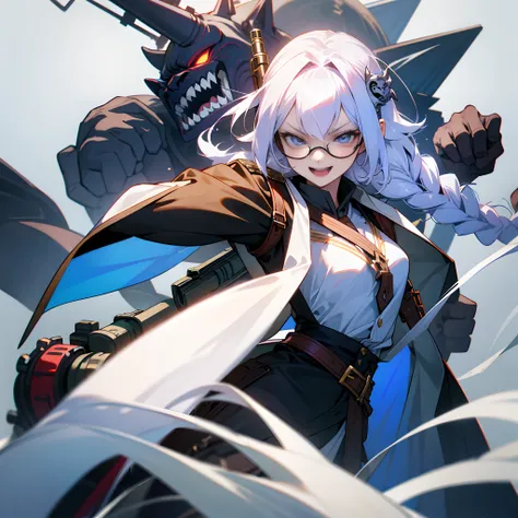 White color hair，teens girl，Braided，Resolve the arm，Mechanical glasses，a pirate，Gun in left hand，Evil people，Evil laughter，Fox Fairy Mask