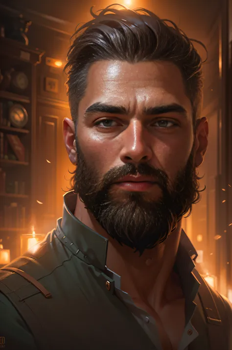 portrait of a bearded man with hazel eyes, hazel colored eyes, handsome, muscular, intricate, elegant, glowing lights, muscular, highly detailed, digital painting, artstation, concept art, smooth, sharp focus, illustration, art by wlop, mars ravelo and gre...