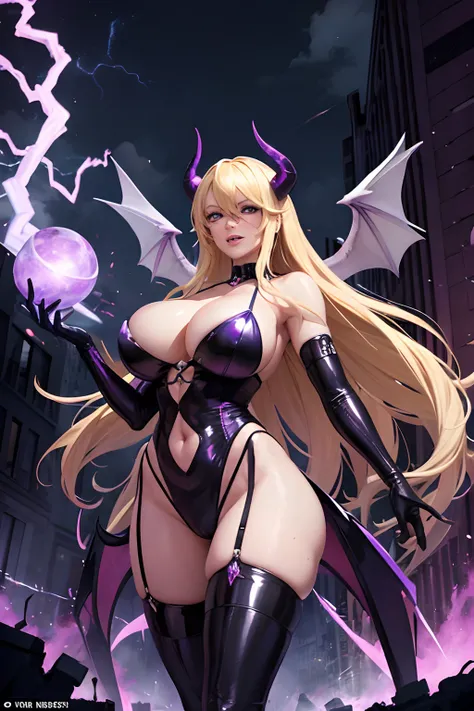 Stormy Daniels as a hyper-giant, Hyper-powerful demon with a demon horn on its head and demon wings, and throws purple lightning bolts at a building and smashes buildings , ville en ruine post apocalyptique,