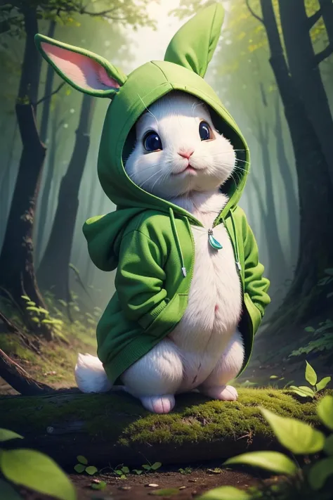 little cute bunny rabbit, wearing a green hoodie, concept art, cartoon character, bright lighting, vivid colors, in the forest, disney and pixar style, head tilted showing curiosity, tilted head, eating carrot