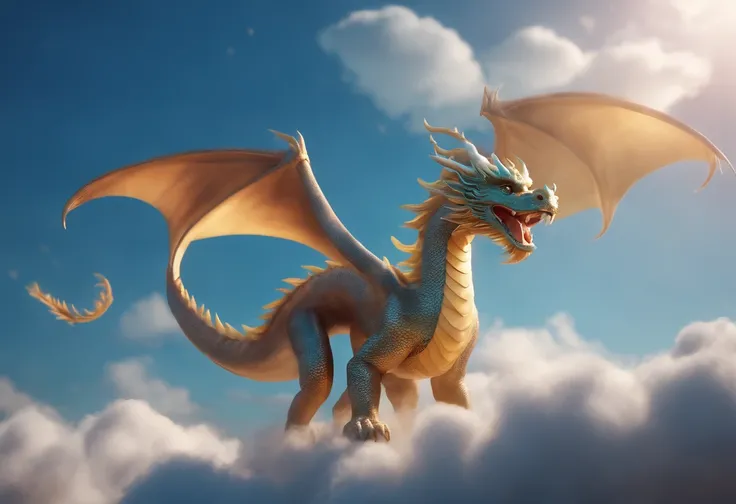 Best Quality, ​masterpiece, Cute iridescent Asian dragon playing with clouds and wind in the sky, isometric, beautiful concept art, optic