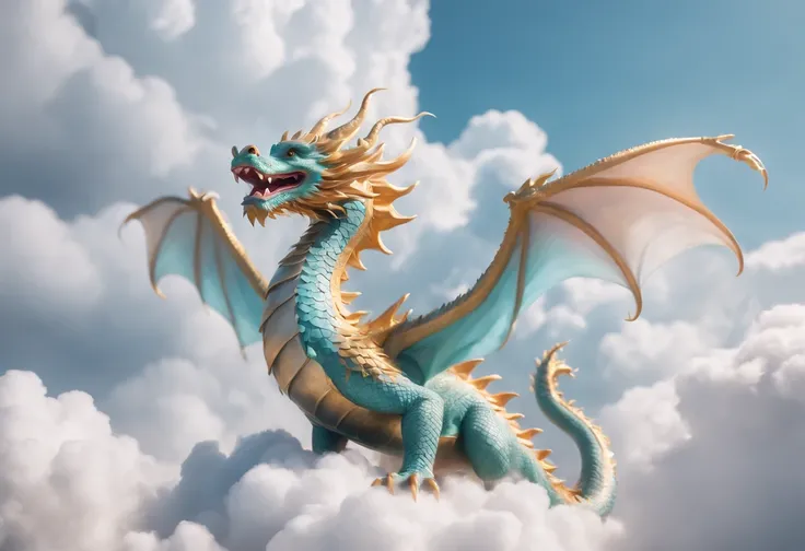 Best Quality, ​masterpiece, Cute iridescent Asian dragon playing with clouds and wind in the sky, isometric, beautiful concept art, optic