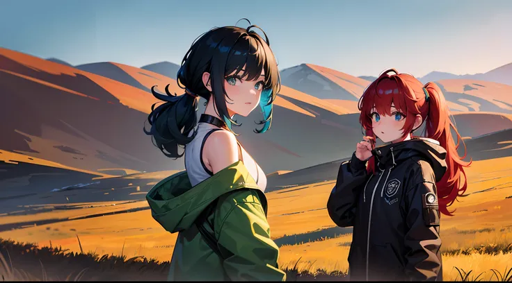 masterpiece, lots of detail, 4k, 8k, ((ultra-detailed)), highres, 2girls, outerwear, hill, distant terrain, autumn, wind, looking back, {red hair|green hair|black hair|blue hair}, {ponytail|short hair|long hair|curly hair}