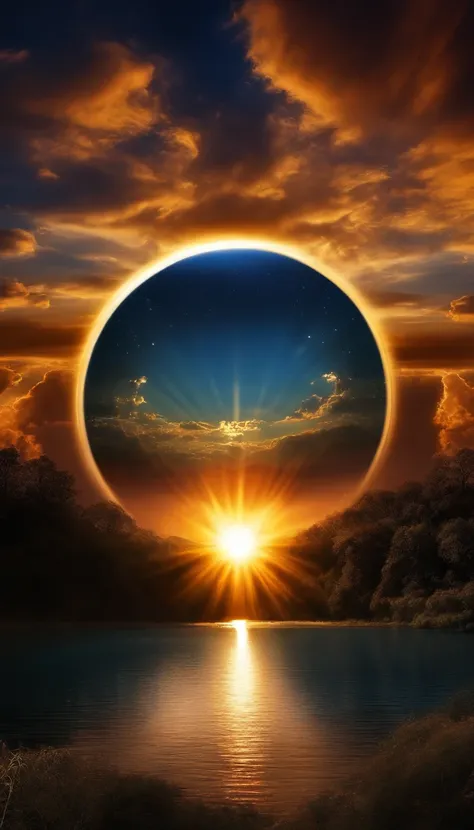 Beautiful sunset images，There is a lake in the middle, Magic portal in the sky, Lens flare. occult photorealism, world seen only through a portal, heaven gate, heaven planet in background, infinite space clock background, The Eye of God, rays of sunshine