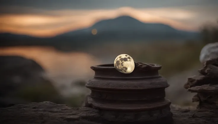 A huge moon hangs in the air