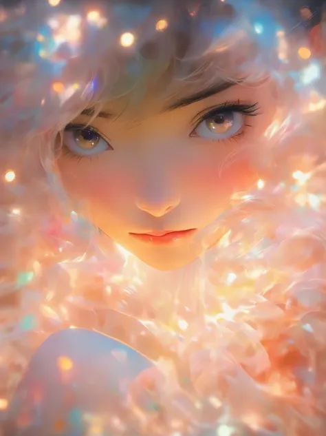 Picture full of stories,single exposure, close-up, a white image shows a Asian girl covering herself withplastic, in the style of soft focus romanticism, fashionbazaar stvle artwork by haruna kikuchi,clean.translucent abstraction creation, uhd image, close...