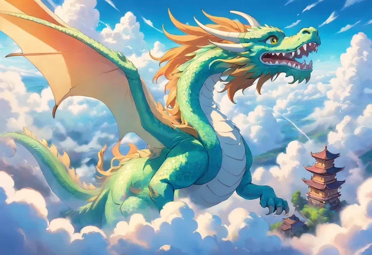 Best Quality, ​masterpiece, Cute iridescent Asian dragon playing with clouds and wind in the sky, isometric, beautiful concept art, optic