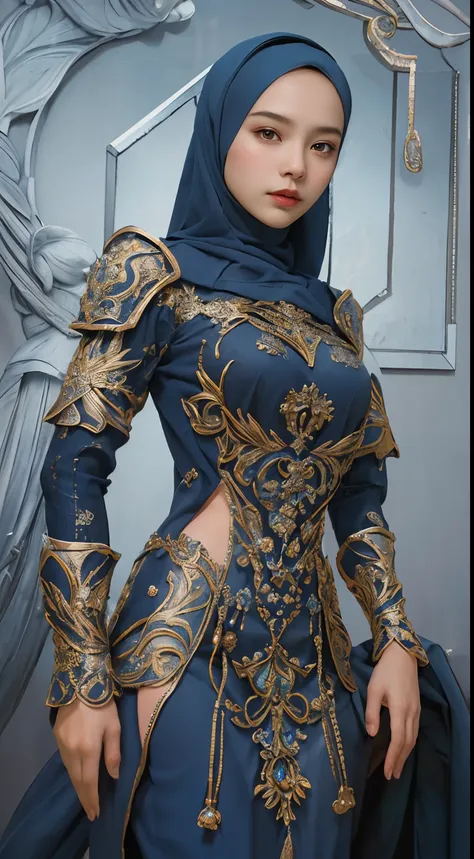 a malay woman in hijab and a blue dress, realistic art station, hard raining scene, detailed fantasy art, stunning character art...