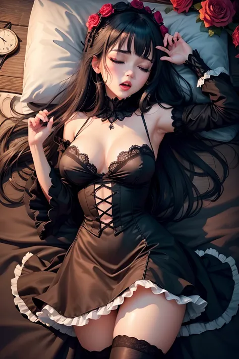 A sexy、Glamour、Gothic lolita、garterbelts、knee high socks、Beautie、Beautiful shape、boredom、Fornication、Hard Dark Gothic Makeup、bell sleeves、Wizard Sleeve、maid clothes、Dark Gothic、Longer dress、Black Dark Eyeshadow、Lace pink、Long hair straight hair、Blue hair、D...