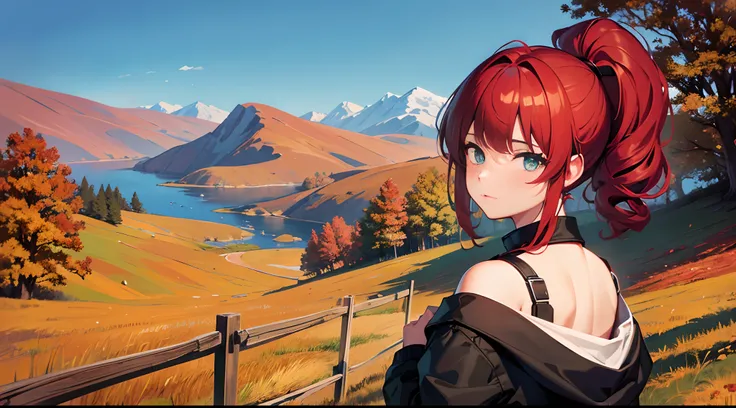 masterpiece, lots of detail, 4k, 8k, ((ultra-detailed)), highres, 2girls, outerwear, hill, distant terrain, autumn, wind, looking back, {red hair|green hair|black hair|blue hair}, {ponytail|short hair|long hair|curly hair}