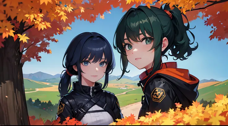 masterpiece, lots of detail, 4k, 8k, ((ultra-detailed)), highres, 2girls, outerwear, hill, distant terrain, autumn, wind, looking back, {red hair|green hair|black hair|blue hair}, {ponytail|short hair|long hair|curly hair}