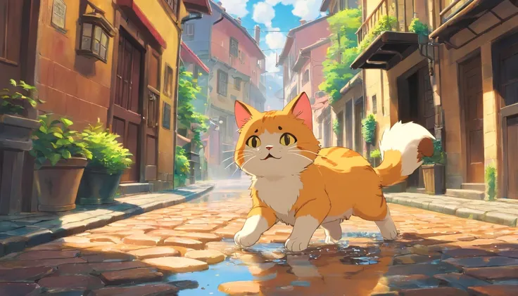 Gatinho, On the cobblestone street, Playing in a puddle of water