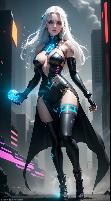 (best quality,4k,8k,highres,masterpiece:1.2),ultra-detailed,(realistic,photorealistic,photo-realistic:1.37),cyberpunk sorceress,eye-catching,exquisite, enchanting,sleek,wearing a tight snake skin dress,seductive,long silver-white hair flowing gently,bright...