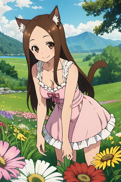 (Realistic),(Photorealistic),Takagi_San, 1girl in, Height 155 cm,Long hair, Cats ears,Brown hair, Part bangs, Brown eyes,（（German national costume））,（（white frills））,（pink clothing）,large full breasts,cleavage of the breast,Forehead,Smile, Looking at Viewe...