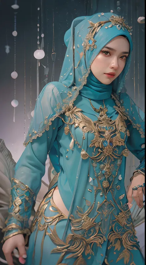 a malay woman in hijab and a blue dress, realistic Art Station, hard raining scene, Detailed Fantasy Art, Stunning Character Art, beautiful Exquisite Character Art, Beautiful black Armor, Extremely Detailed, blue armor Girl, Exquisite Intricate Headdress a...