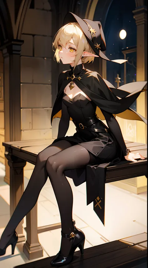 1girl ,20s,small tits,light blonde hair,short hair,yellow eyes,elf ear,neutral face,black high heels,black dress,black skirt,black wizard hat,black pantyhose,black cape,sitting on a bench in a church hall in night,night