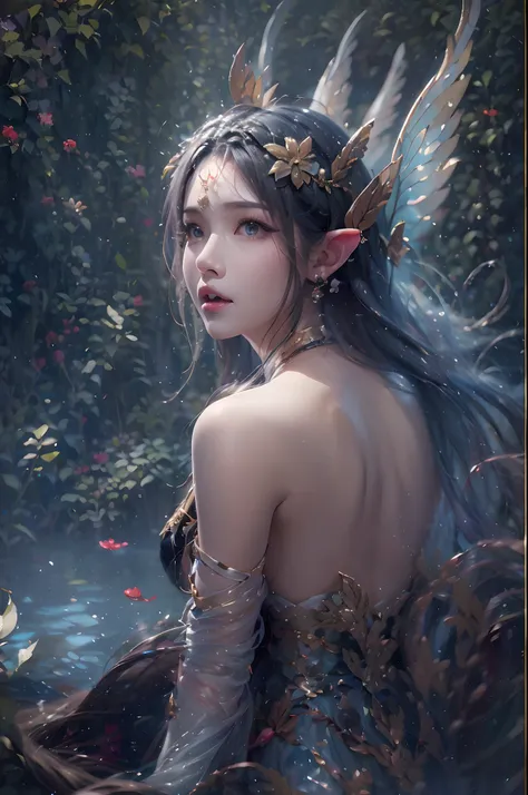 ( Absurd, High quality, Ultra-detailed, Masterpiece, concept-art, smooth, high detail artwork, Hyper-realistic painting ) , elf, Plum elf, plum , Transparent fairy wings, huge tit，low chest，fairytale-like, Romantic, Vivid, Whole body,hand behind back，Malu，...