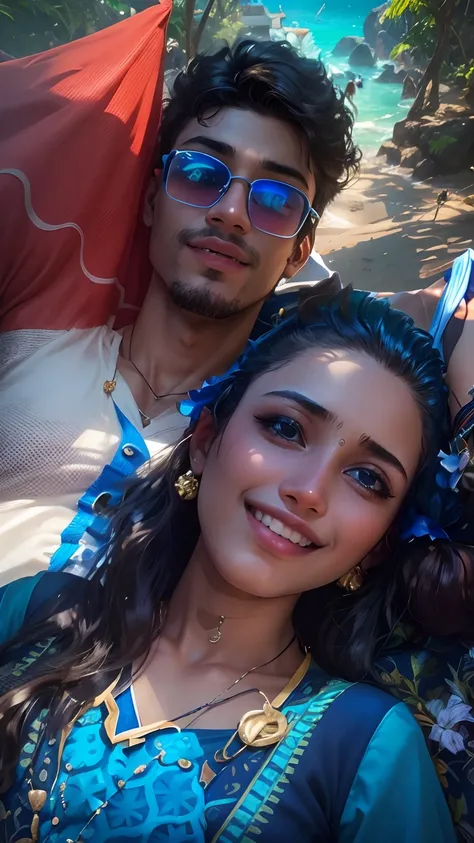 Boy and girl with blue outfit with mumbai beach