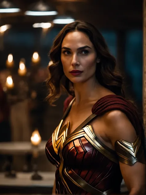 Uma mulher maravilha, rosto perfeito, Gal Gadot, is in the midst of gerra, e em pose de combate, cena de filme