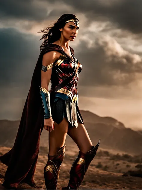 Uma mulher maravilha, rosto perfeito, Gal Gadot, is in the midst of gerra, e em pose de combate, cena de filme