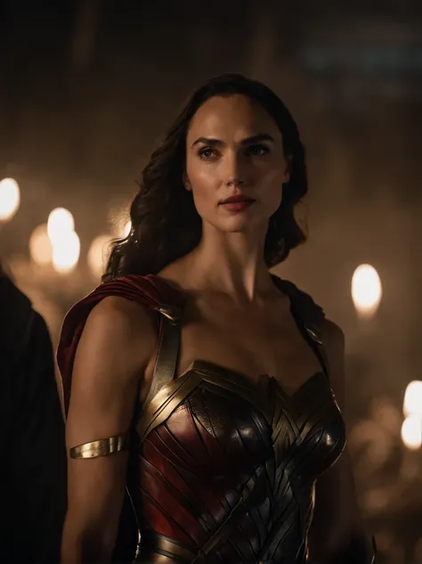 Uma mulher maravilha, rosto perfeito, Gal Gadot, is in the midst of gerra, e em pose de combate, cena de filme